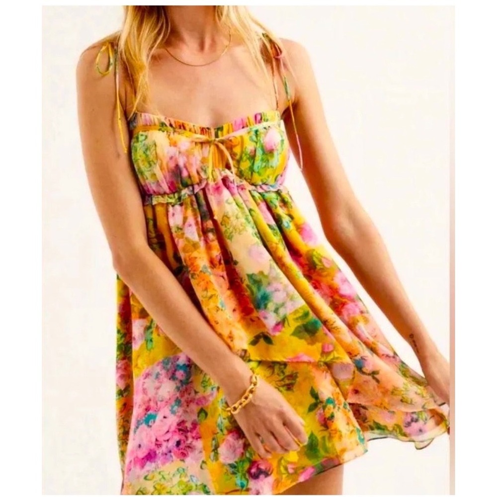 For Love Bell Womens Floral Ruffle Mini Dress Yellow Pink Orange Rose Print Sz M